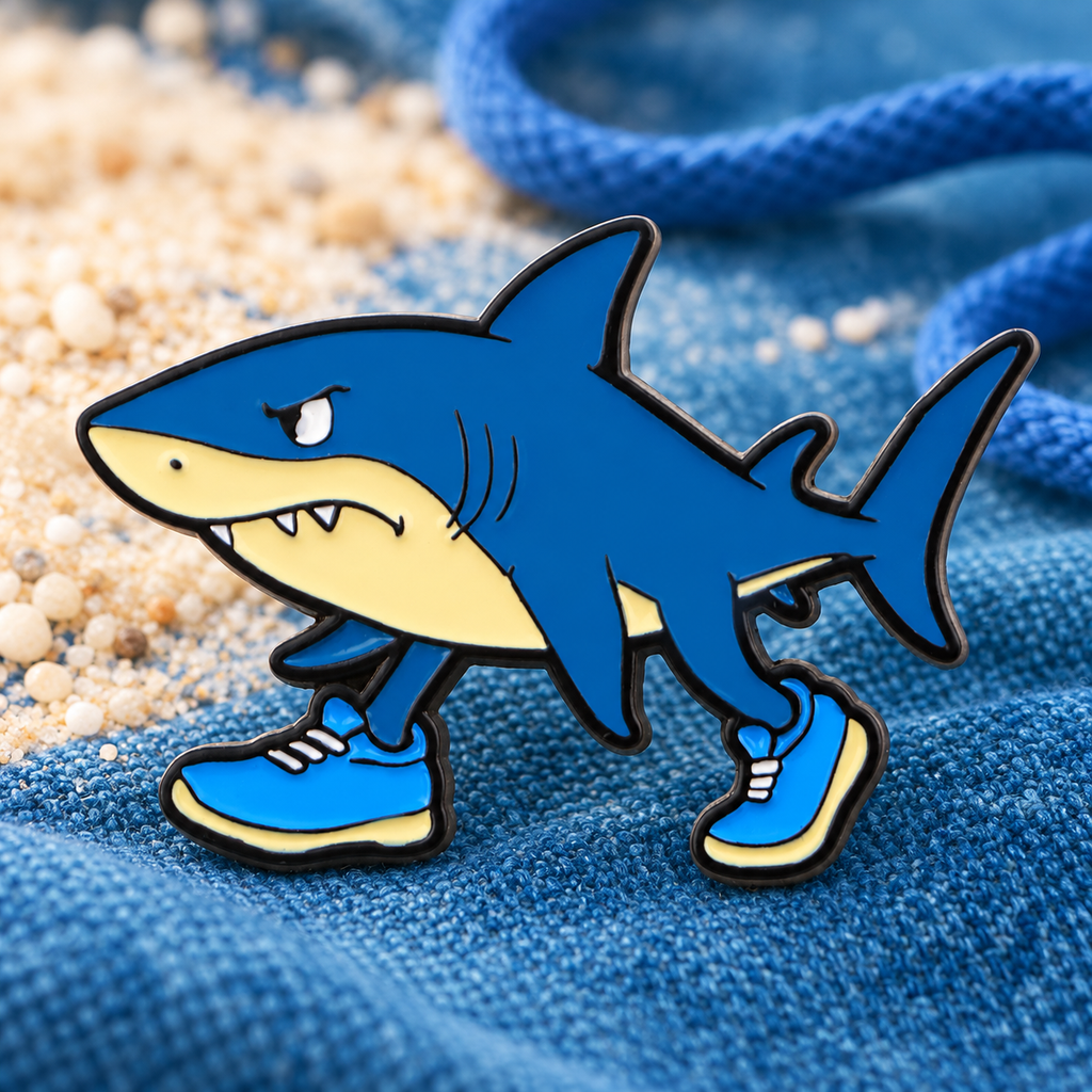 Blue shark in sneakers enamel pin on ocean-blue fabric