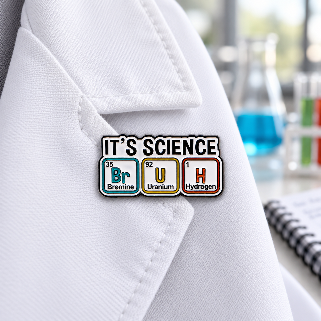 It’s Science Bruh enamel pin on a white lab coat