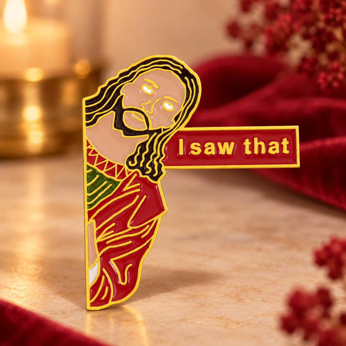 “Jesus, I Saw That” Pins — styled product photo