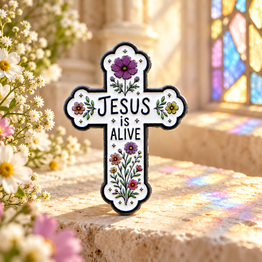 Jesus Is Alive Floral Cross Pin in a spring chapel setting