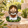 Jesus Reading a Book enamel pin in a peaceful sunlit olive garden