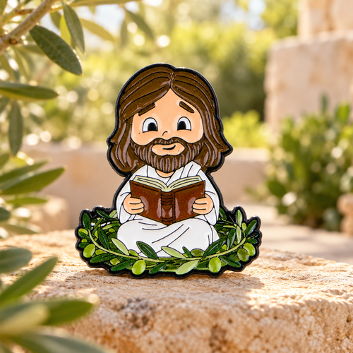 Jesus Reading a Book enamel pin in a peaceful sunlit olive garden