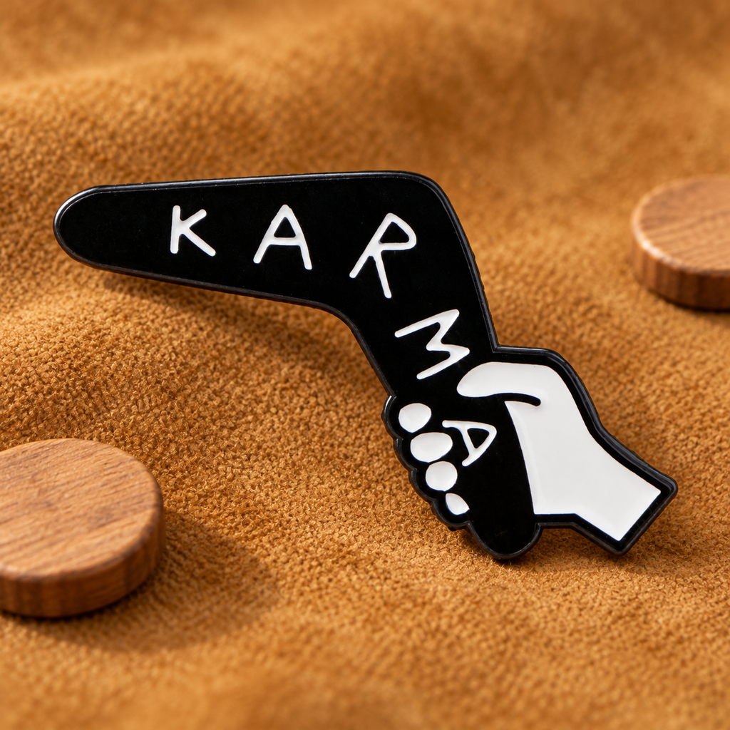 Karma boomerang enamel pin displayed on warm ochre suede