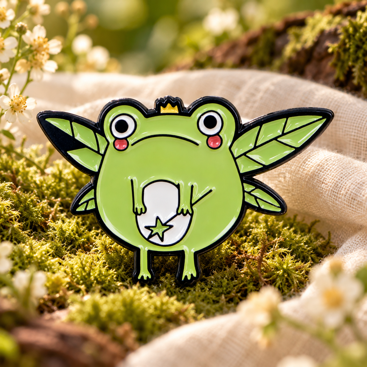 Kawaii Frog Fairy Pin on a mossy woodland background