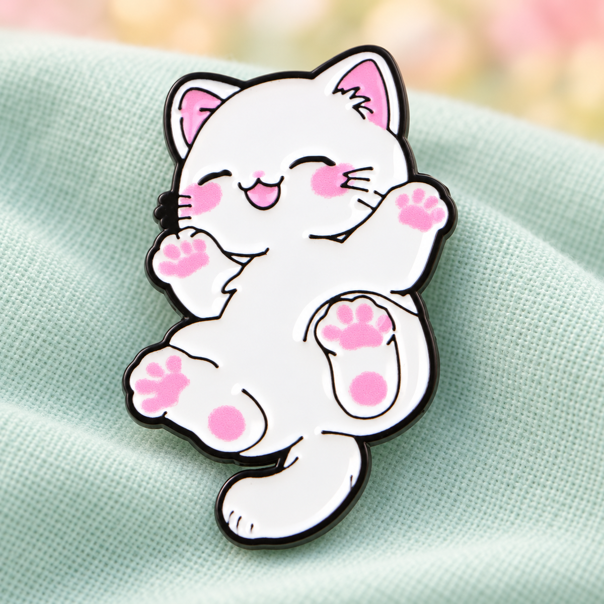 Kawaii white cat enamel pin on mint cotton