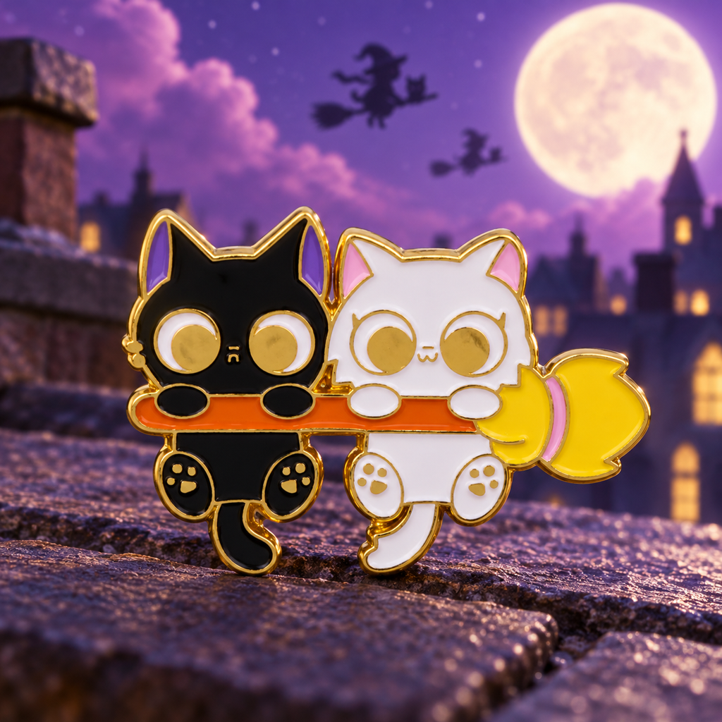 Kitty Broomstick Pin enamel pin on a themed background