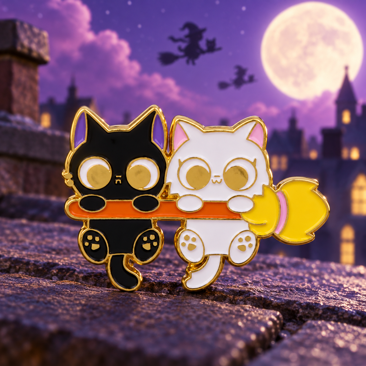 Kitty Broomstick Pin enamel pin on a themed background