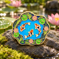 Koi Fish and Lotus Pond enamel pin in a tranquil lotus garden