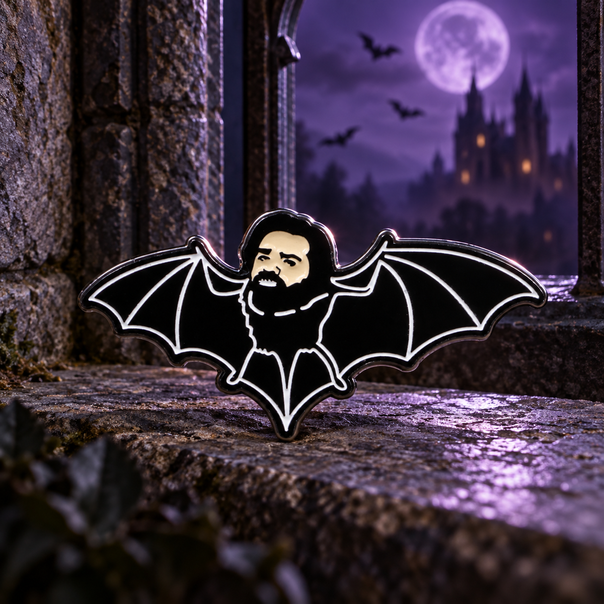 Laszlo Bat Pin enamel pin on a themed background