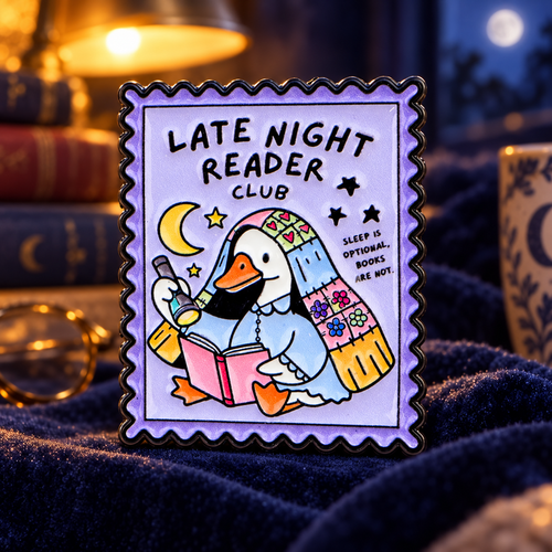 Late Night Reader Club goose enamel pin in a cozy moonlit reading nook