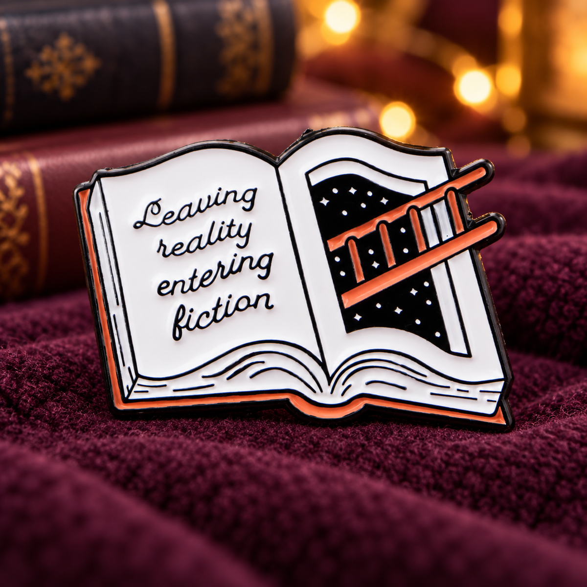 Leaving Reality Entering Fiction enamel pin in a cozy reading nook