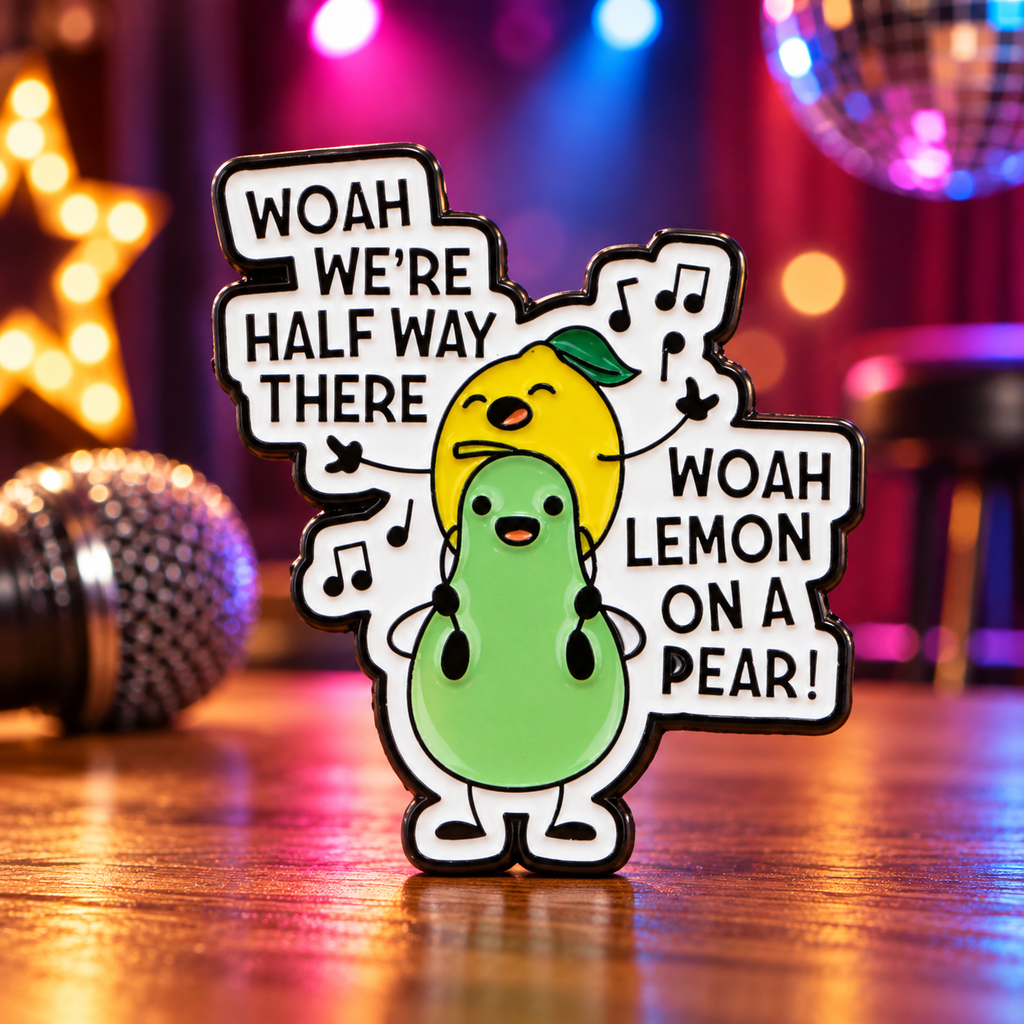 Lemon on a Pear enamel pin in a colorful karaoke setting