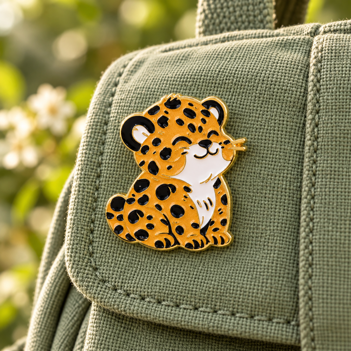 Pin petit léopard sur sac vert sauge