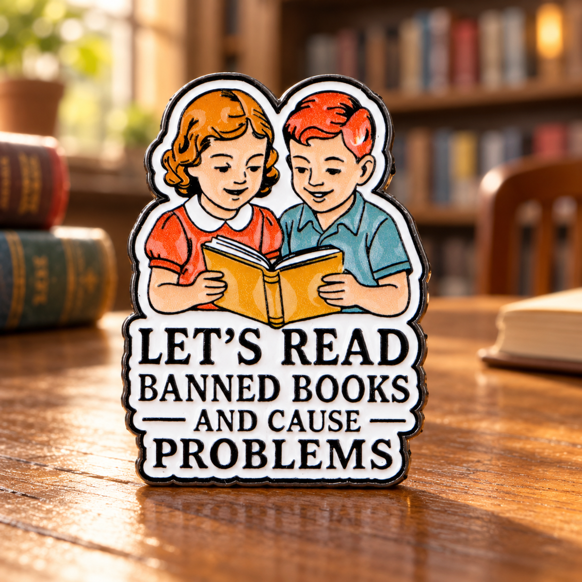 Let's Read Banned Books And Cause Problems Pin in a warm library setting