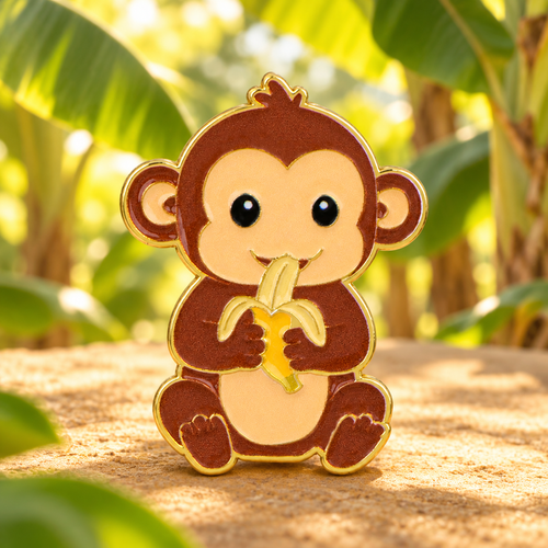 Little Monkey Eating a Banana enamel pin in a bright tropical banana grove