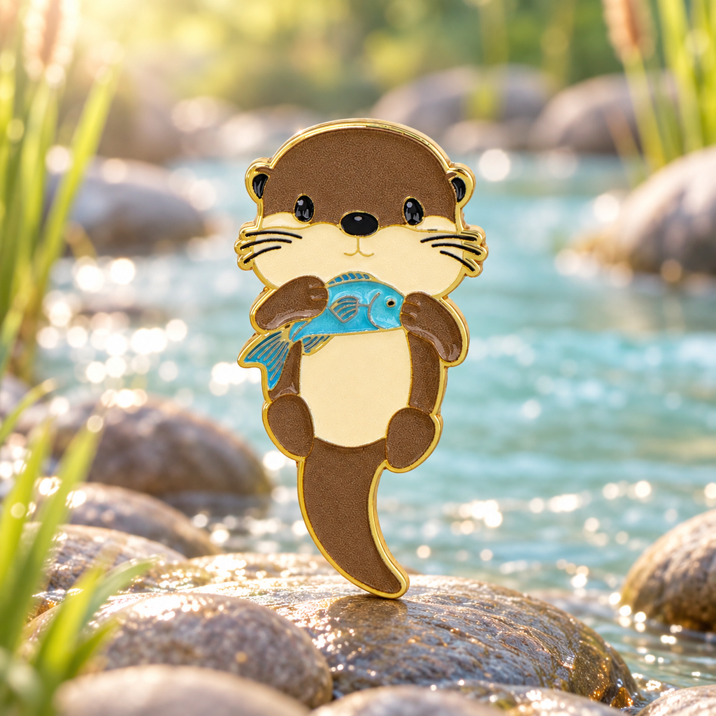 Little Otter Holding a Fish enamel pin beside a sunlit river