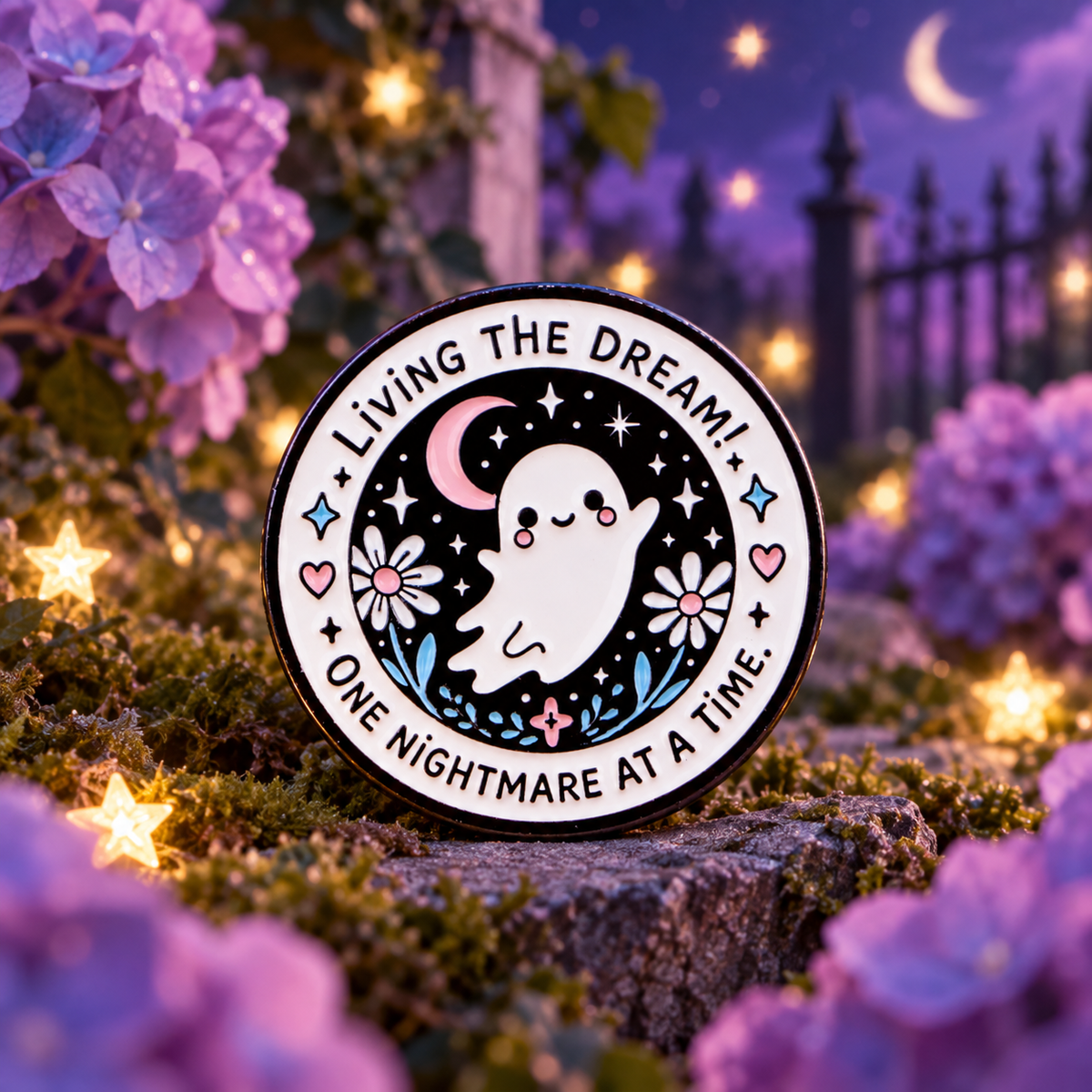 Living the Dream Ghost Pin on a themed spooky background