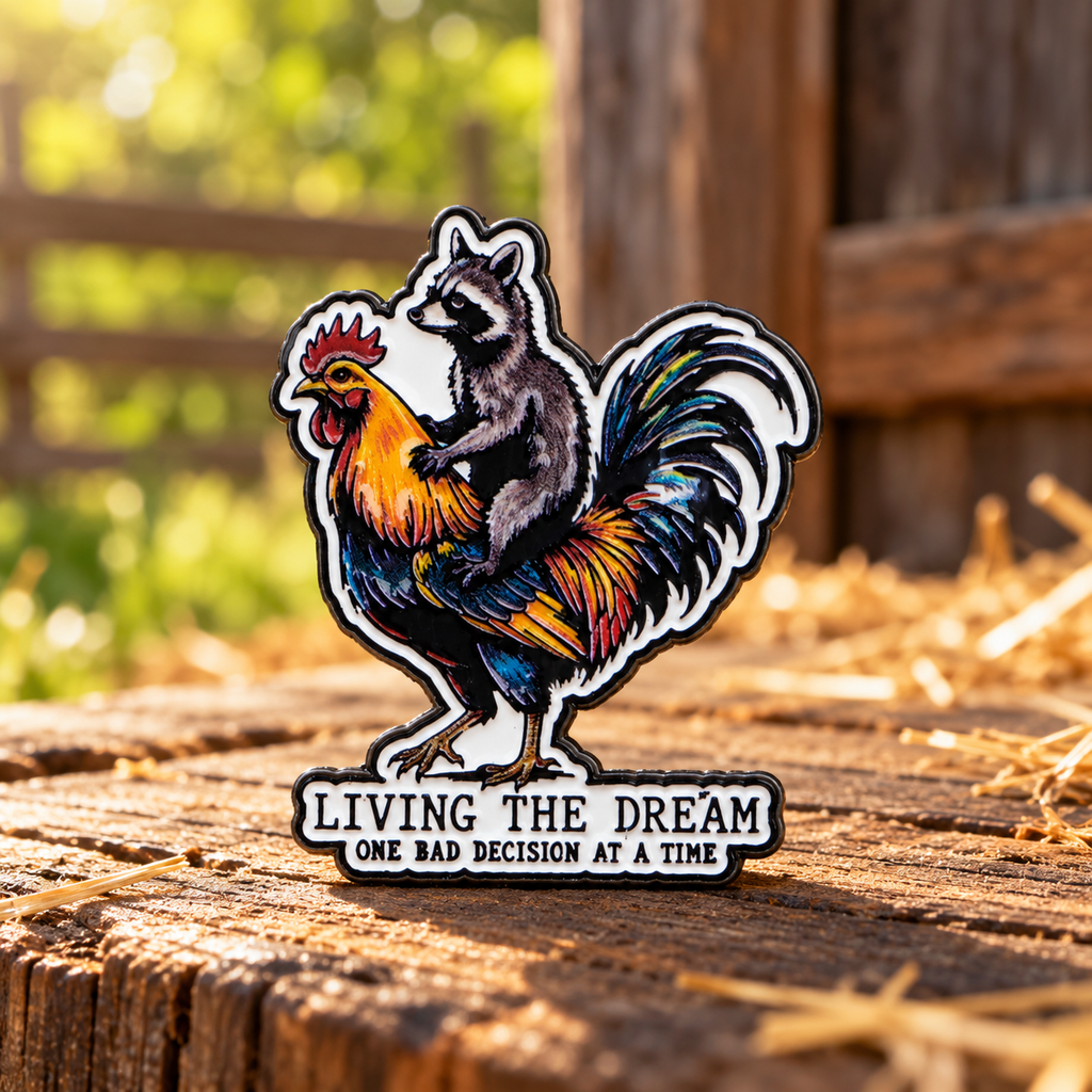 Living the Dream Raccoon & Rooster Pin on a rustic woodland background