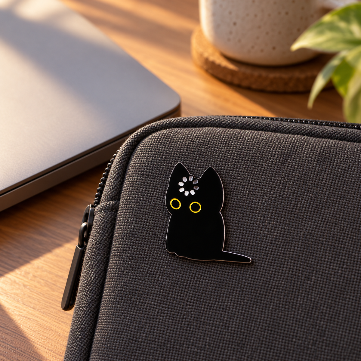 Loading black cat enamel pin on a canvas laptop sleeve