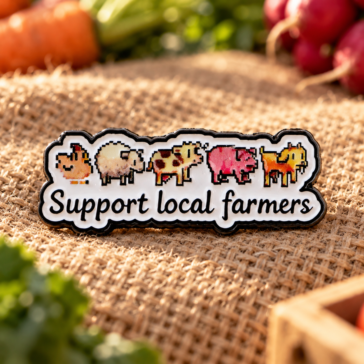 Support Local Farmers Pin at a market