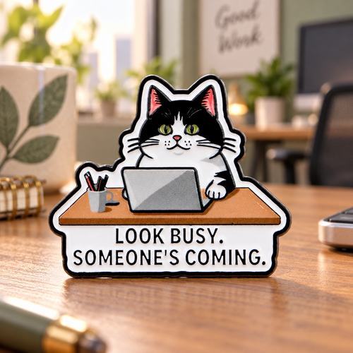 Look Busy Someone's Coming office cat enamel pin in a cozy workspace