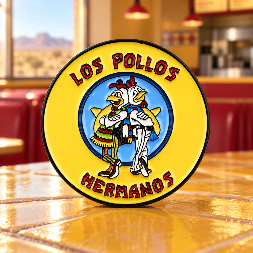Los Pollos Hermanos enamel pin in a Southwestern restaurant