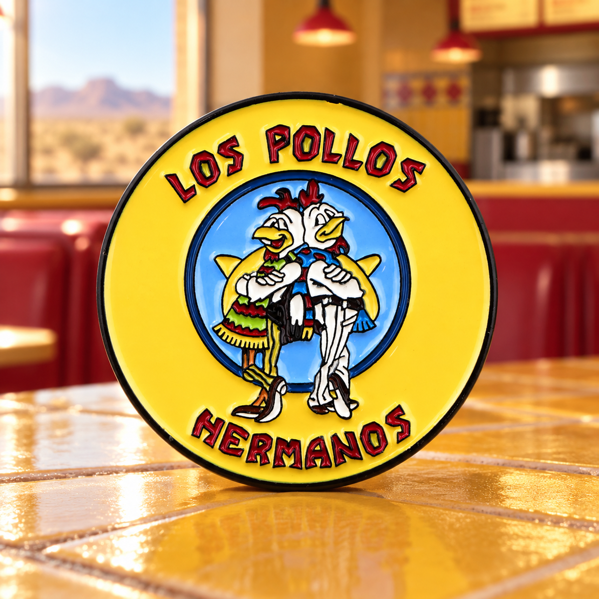Los Pollos Hermanos enamel pin in a Southwestern restaurant