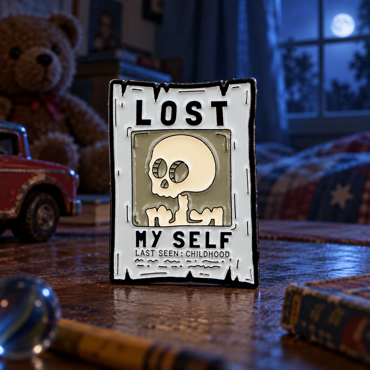 Lost My Self Last Seen: Childhood Skeleton Pin enamel pin on a themed background