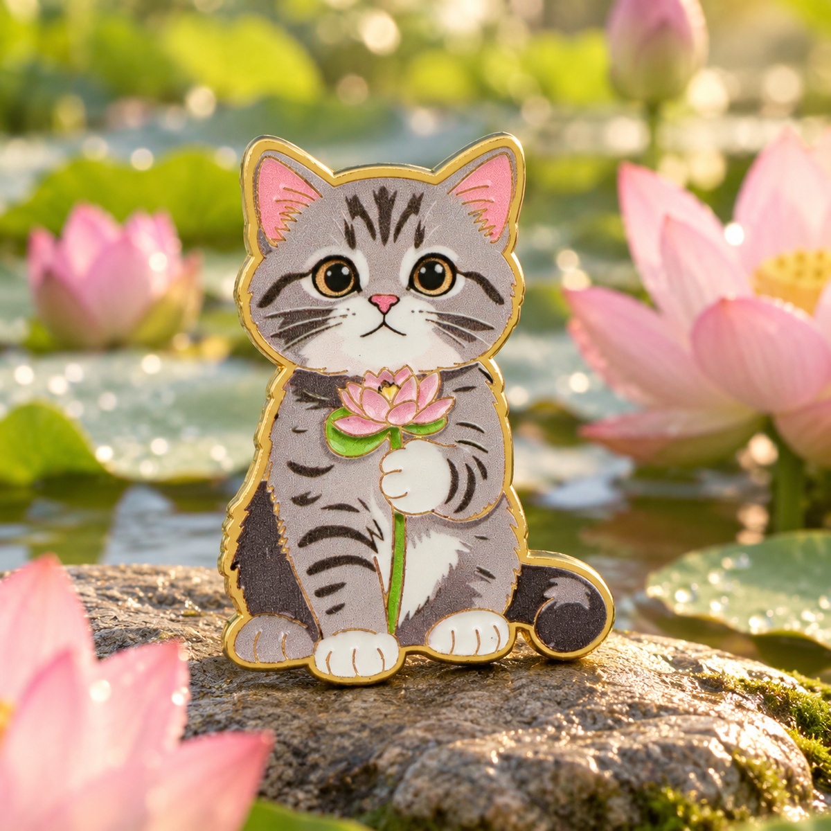 Lotus flower tabby cat enamel pin beside a serene lotus pond