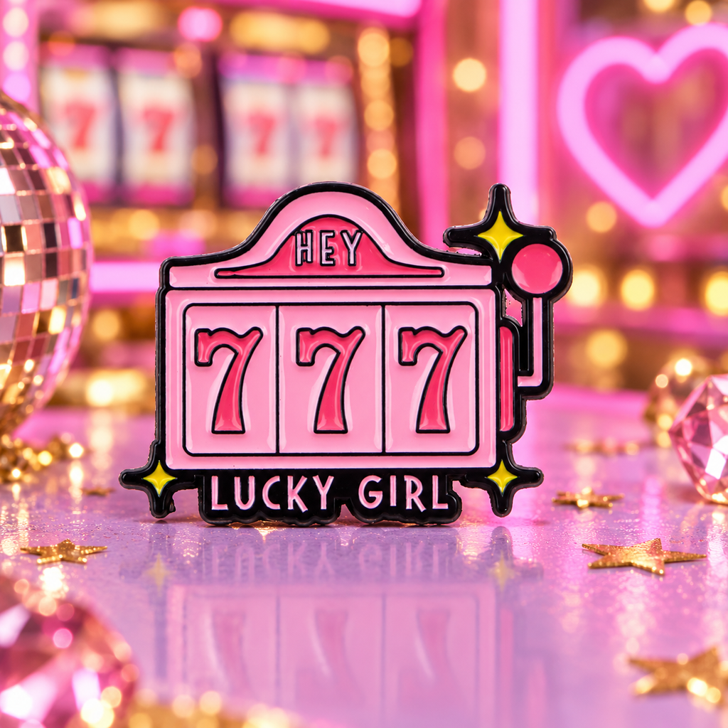 Lucky Girl 777 Slot Machine enamel pin in a playful pink retro arcade