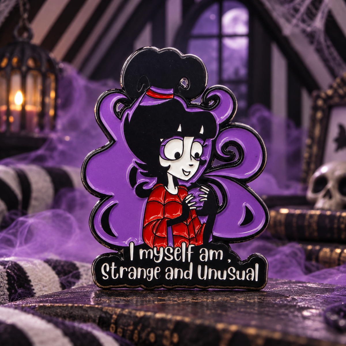 Lydia Deetz Pin on a themed spooky background