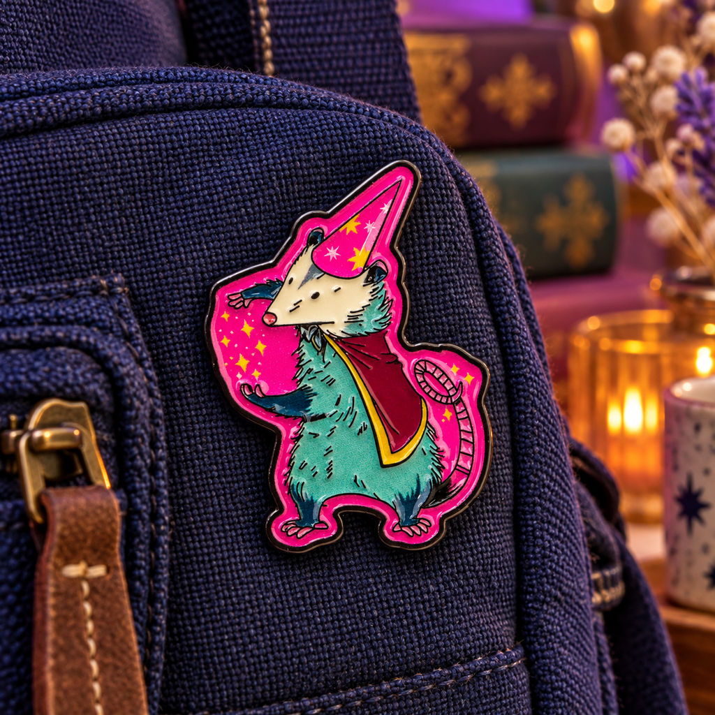 Magical Possum enamel pin on a navy canvas backpack
