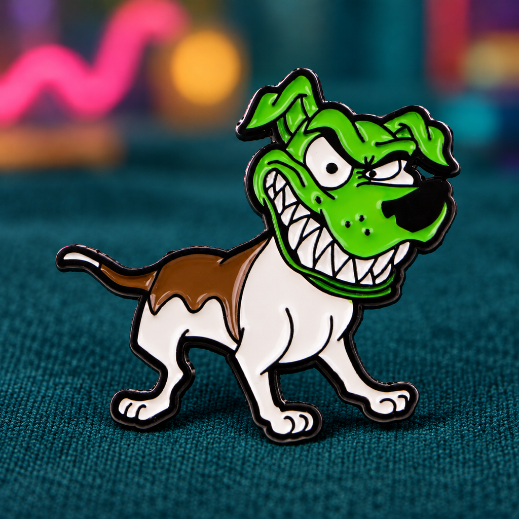 The Mask Dog Pin on teal fabric