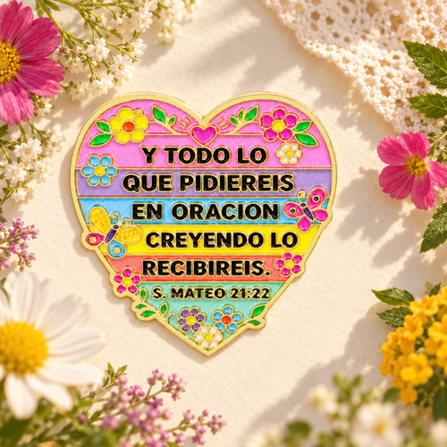Mateo 21:22 Floral Heart Pin on a sunlit floral background