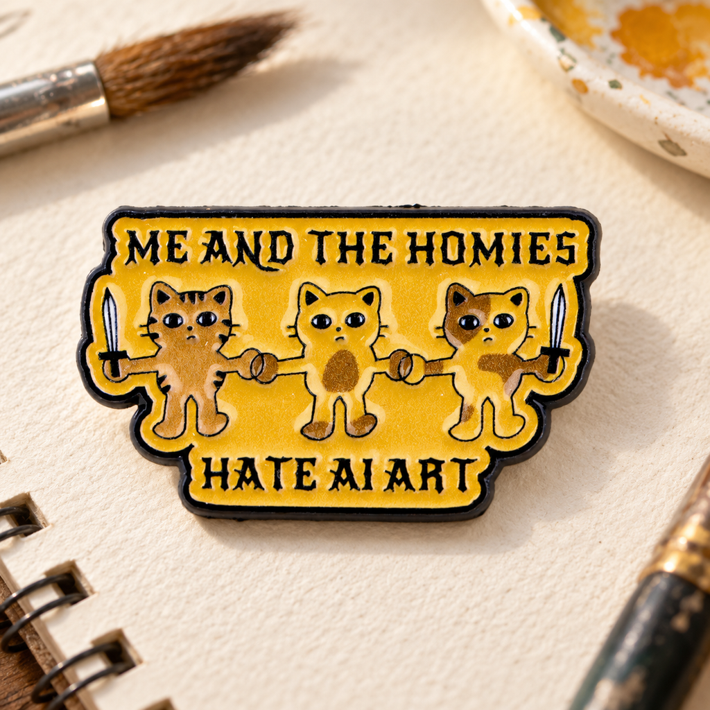 Me and the Homies Hate AI Art Cats Pin on an artist's sketchbook
