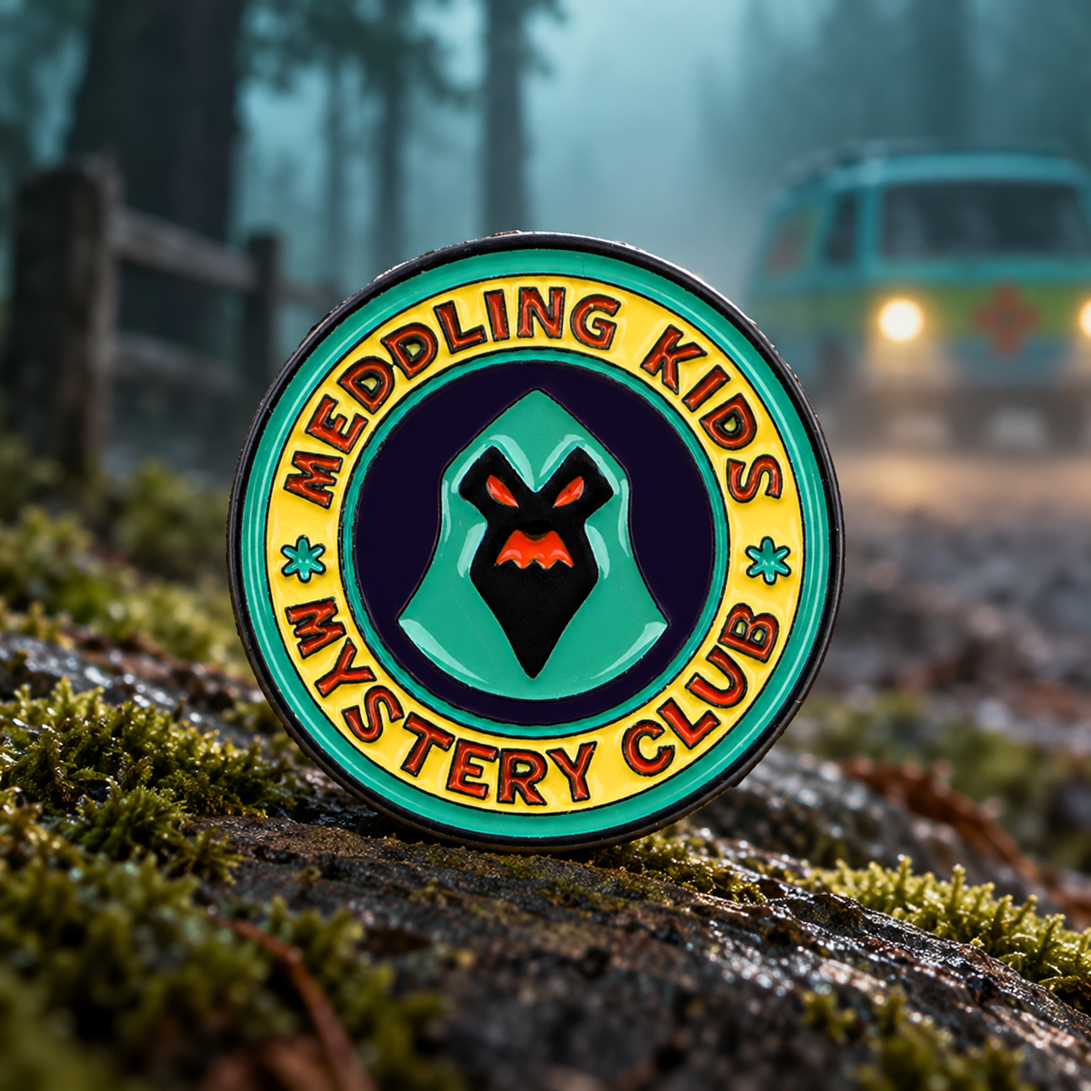 Meddling Kids Mystery Club Pin on a themed spooky background