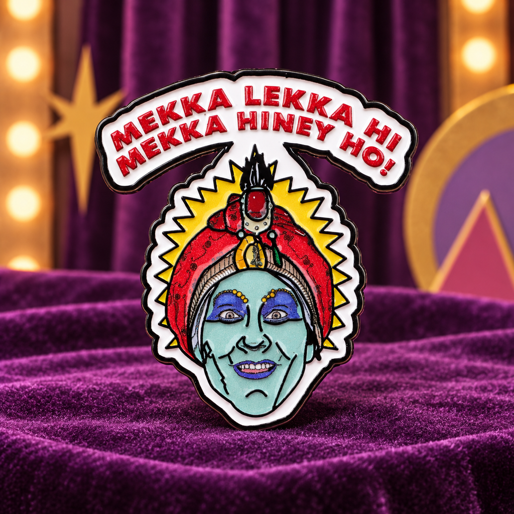 Mekka Lekka genie enamel pin against a retro purple stage backdrop