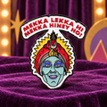 Mekka Lekka genie enamel pin against a retro purple stage backdrop