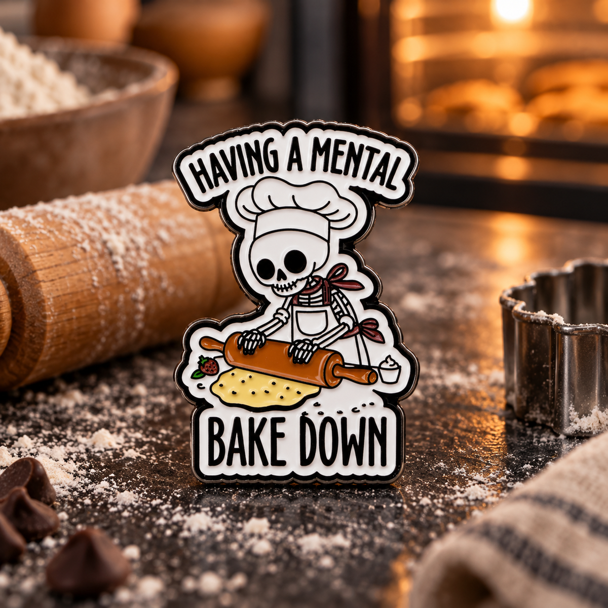 Mental Break Down Pastry Chef Pin enamel pin on a themed background
