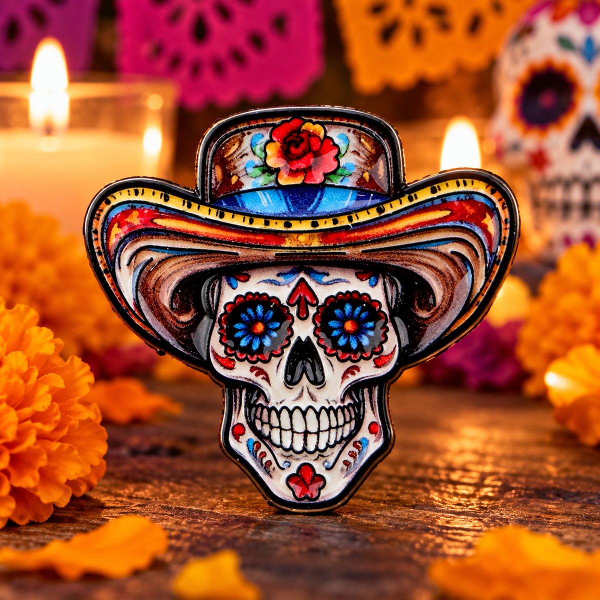 Mexican Skull Pin enamel pin on a themed background
