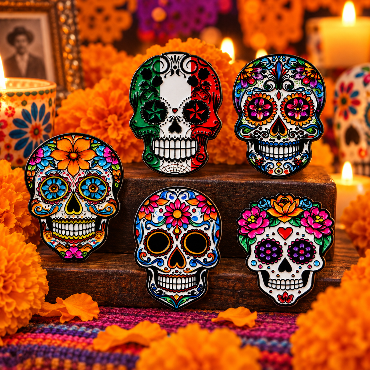 Mexican Sugar Skull Pin enamel pin on a themed background