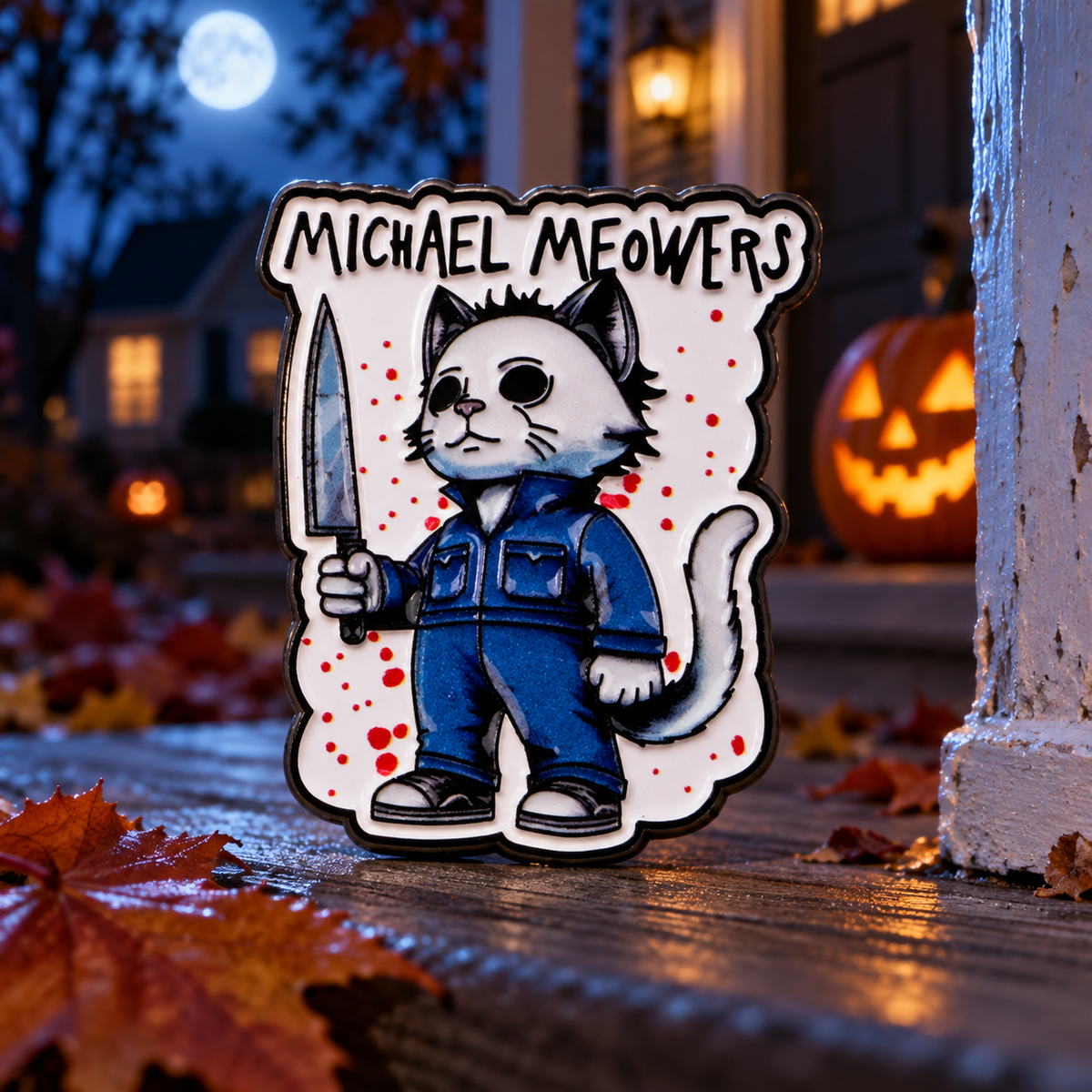 Michael Myers Cat Pin on a themed spooky background