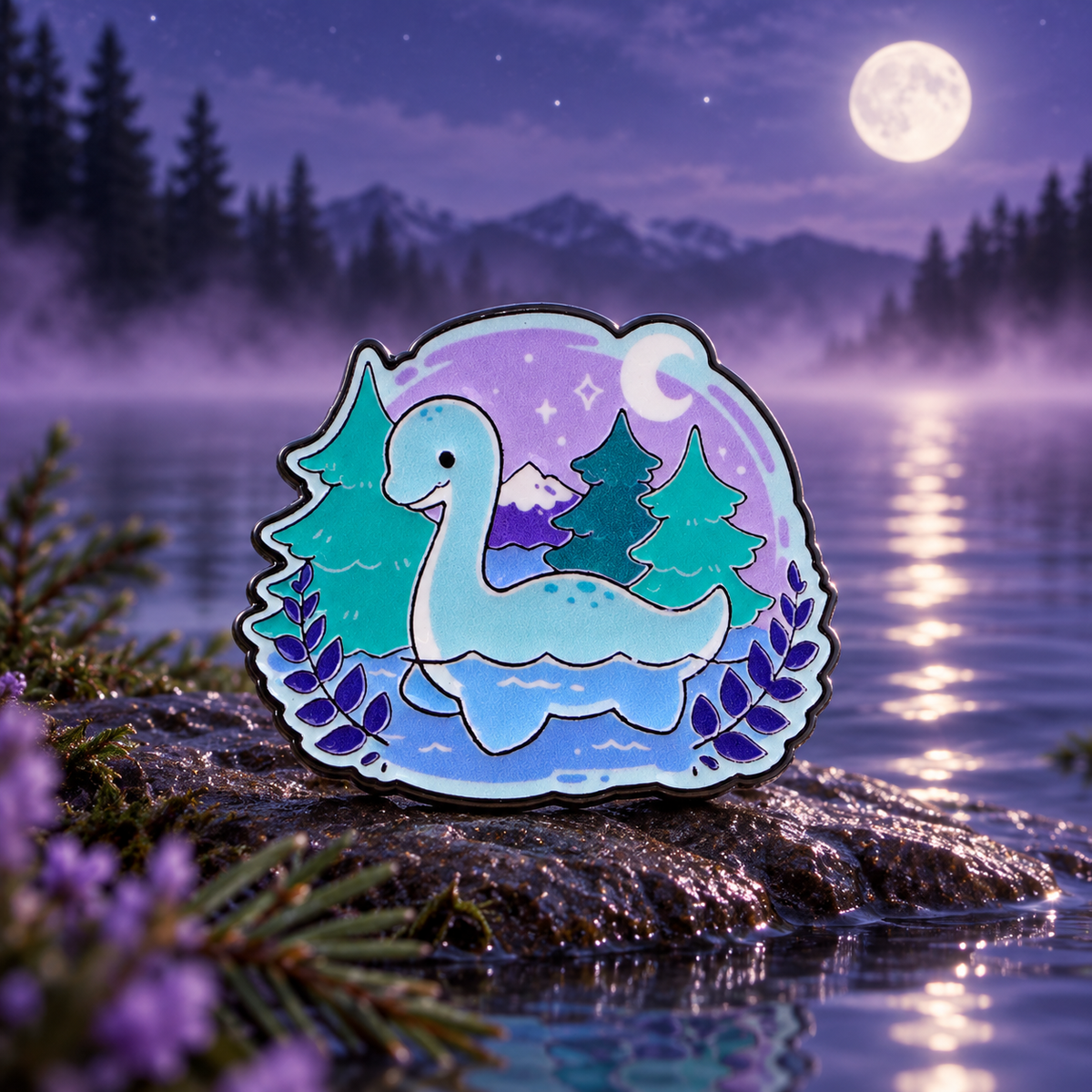 Moonlit Lake Monster Pin enamel pin on a themed background