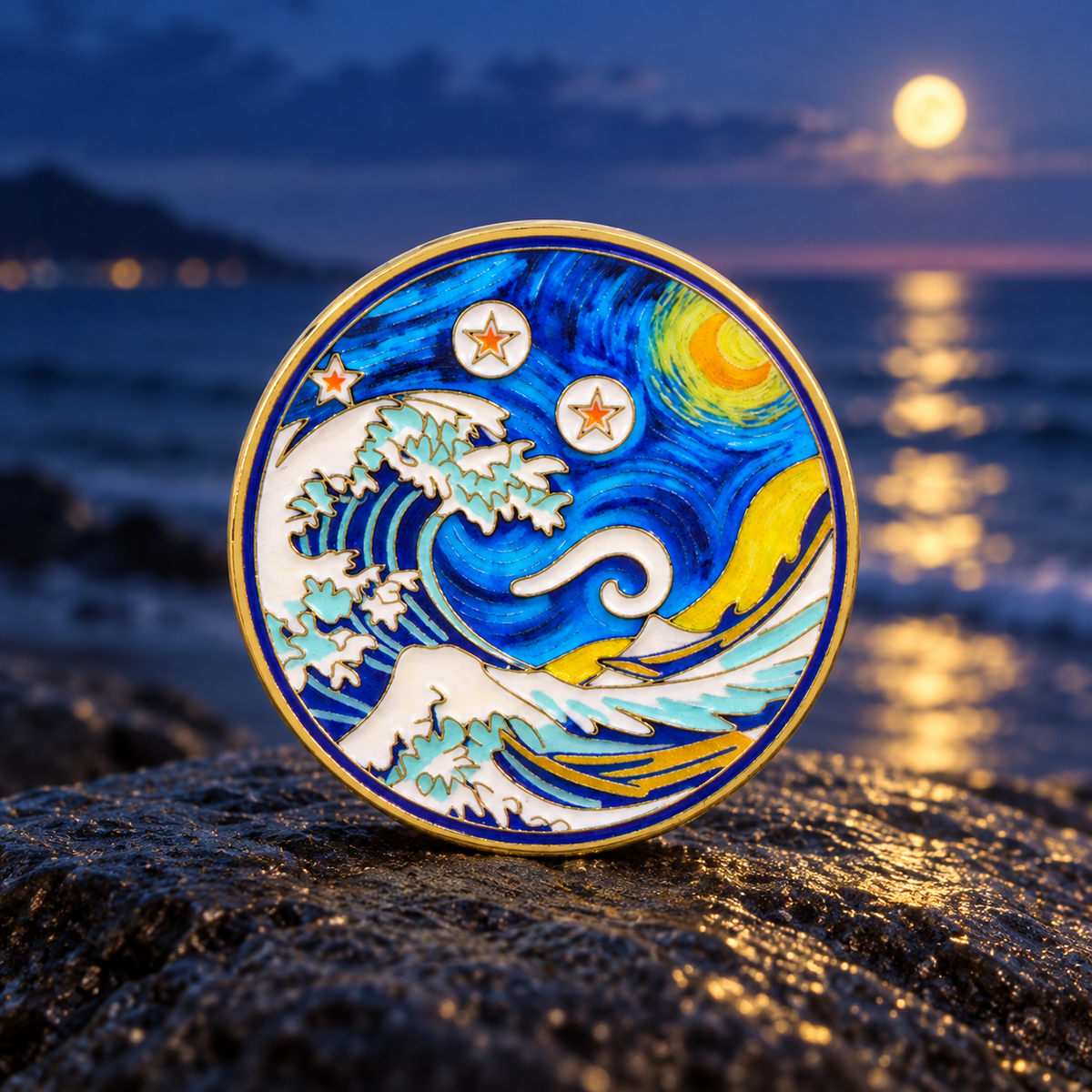 Moonlit Ocean Waves enamel pin on a blue-hour shoreline