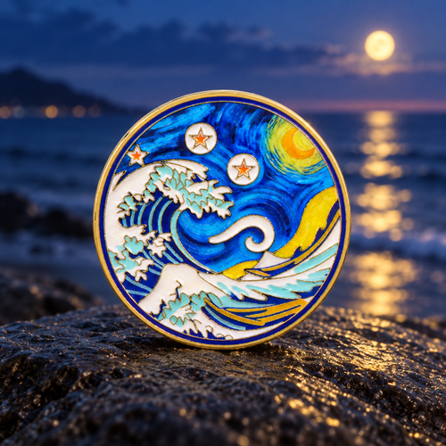Moonlit Ocean Waves enamel pin on a blue-hour shoreline