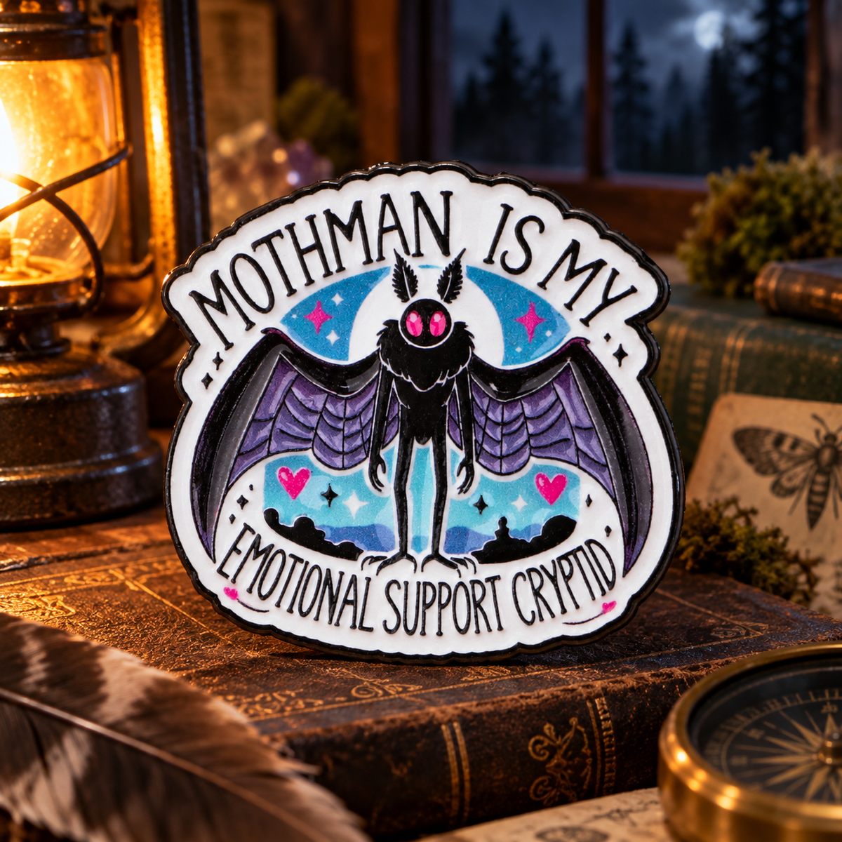 Mothman, Is My Emotional Support Cryptid Pin on a themed spooky background