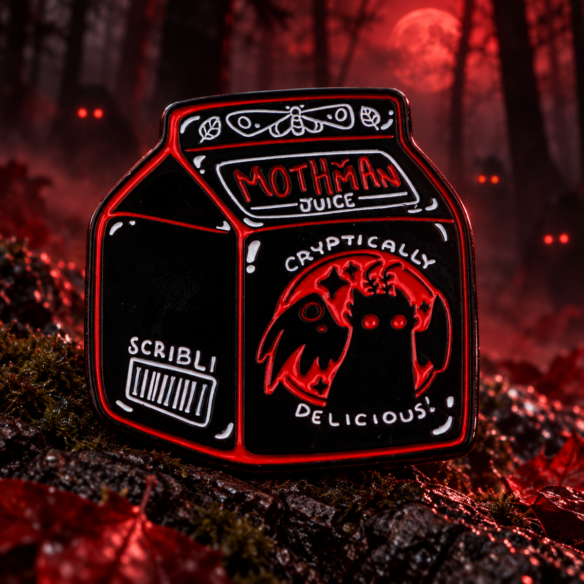 Mothman Juice Box Spooky Pin enamel pin on a themed background