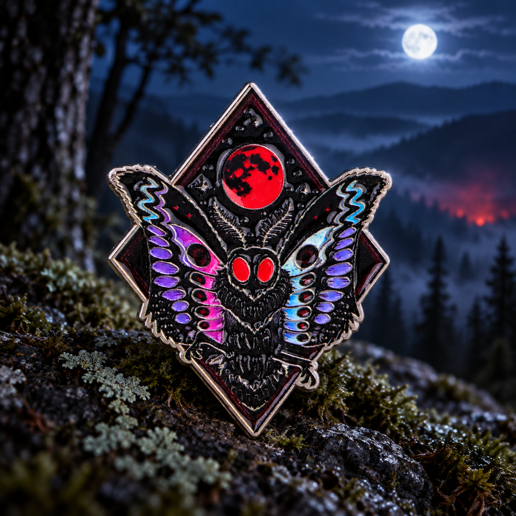 Mothman Pin on a themed spooky background