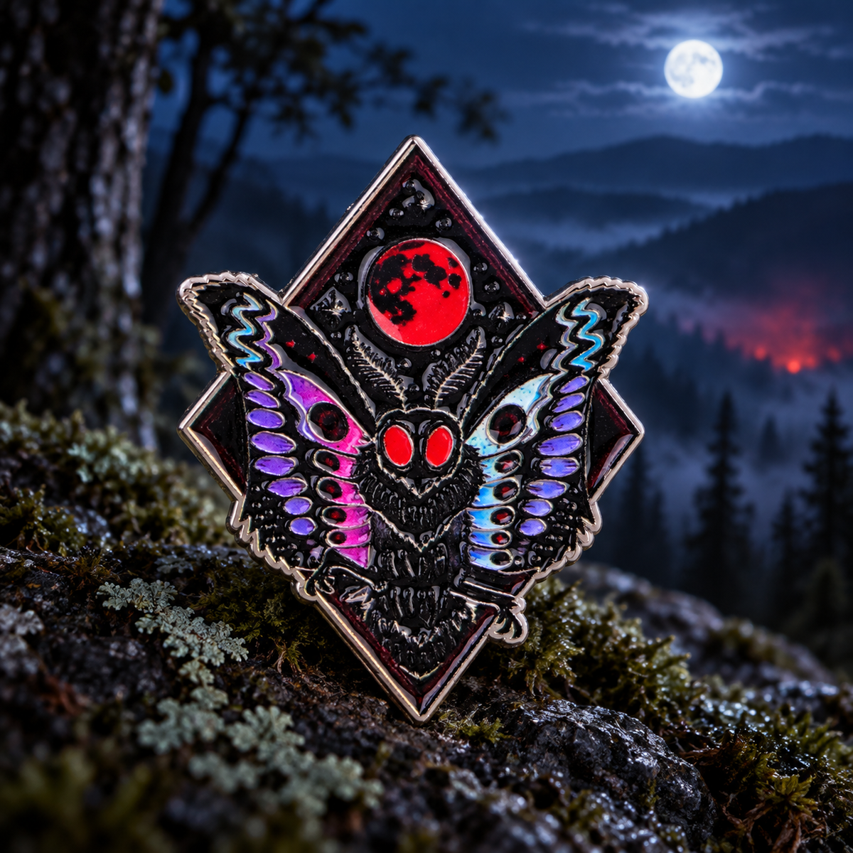 Mothman Pin on a themed spooky background