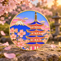 Mount Fuji Pagoda and Cherry Blossom enamel pin in a spring garden